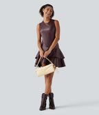 Round Neck Sleeveless Asymmetric Ruffle Hem A Line Mini Fleece Casual PU Leather Dress — Windsor Wine — view 6