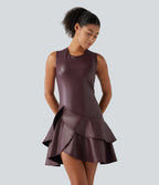 Round Neck Sleeveless Asymmetric Ruffle Hem A Line Mini Fleece Casual PU Leather Dress — Windsor Wine — view 1