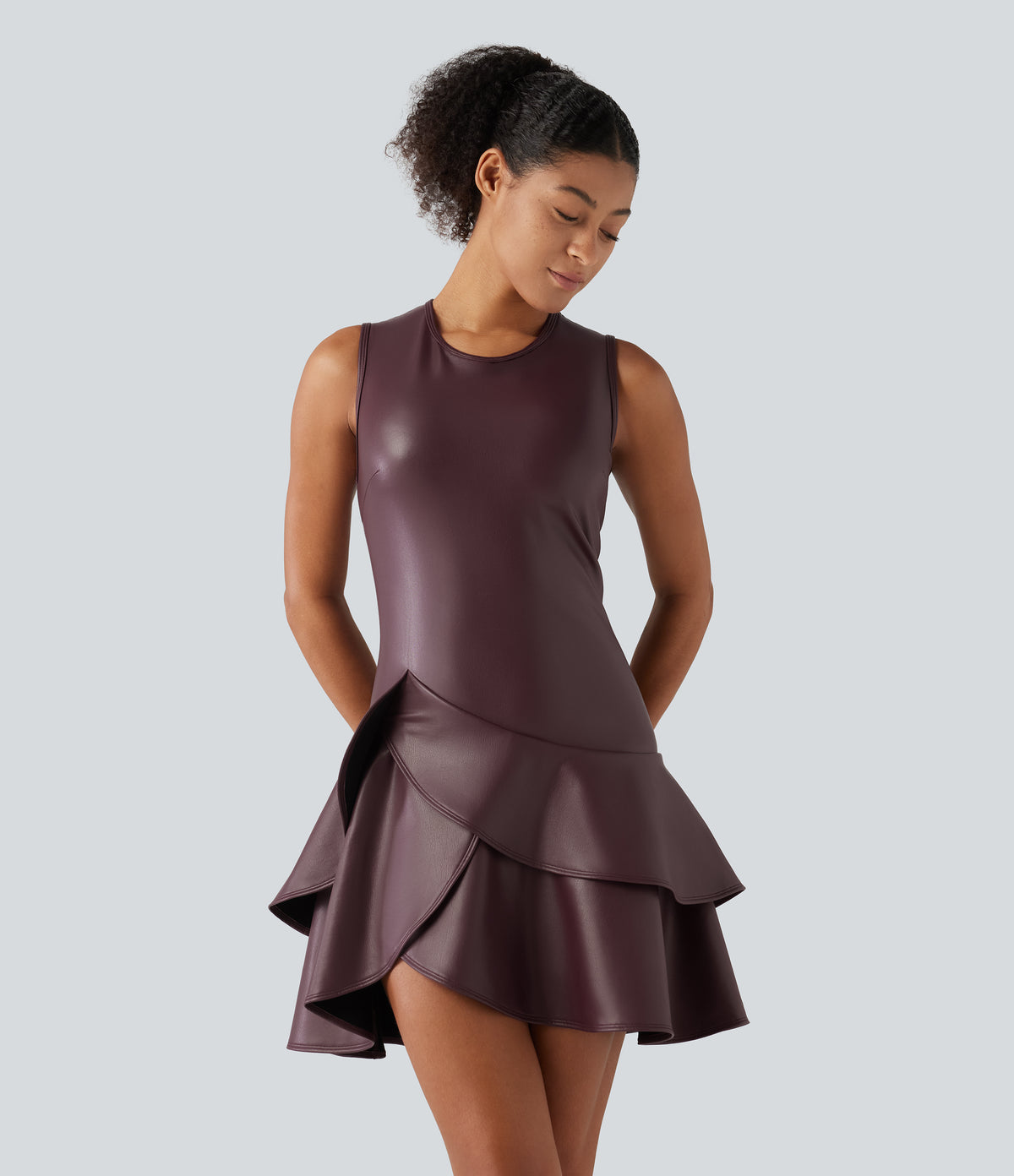 Round Neck Sleeveless Asymmetric Ruffle Hem A Line Mini Fleece Casual PU Leather Dress — Windsor Wine — view 1