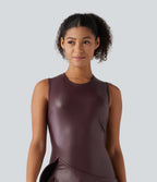 Round Neck Sleeveless Asymmetric Ruffle Hem A Line Mini Fleece Casual PU Leather Dress — Windsor Wine — view 4