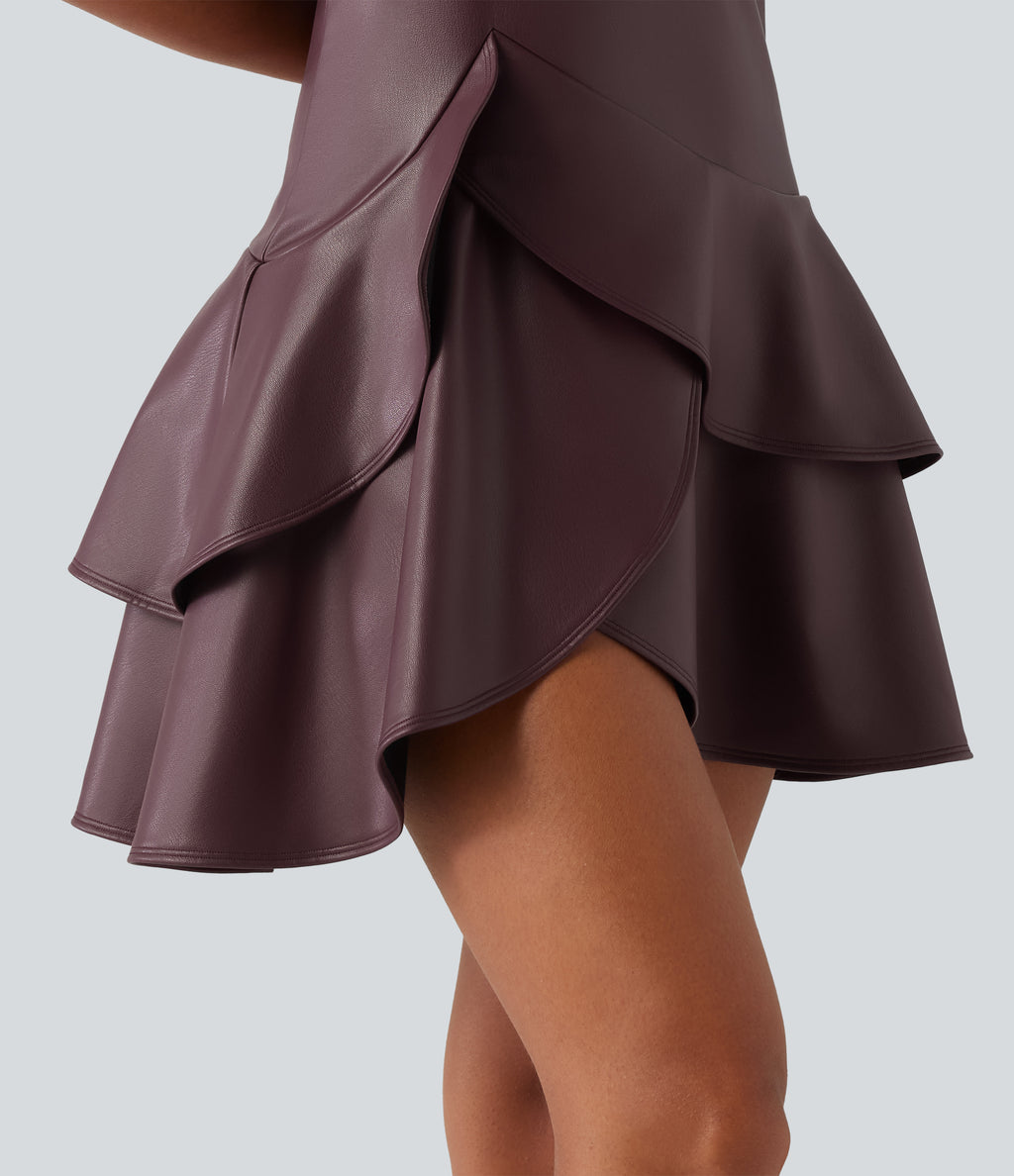 Round Neck Sleeveless Asymmetric Ruffle Hem A Line Mini Fleece Casual PU Leather Dress — Windsor Wine — view 5