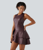Round Neck Sleeveless Asymmetric Ruffle Hem A Line Mini Fleece Casual PU Leather Dress — Windsor Wine — view 3
