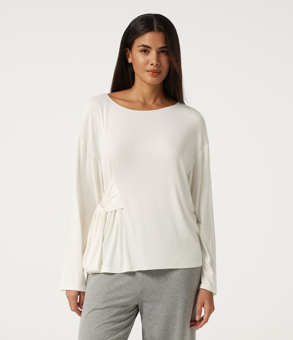 Ribbed Boat Neck Long Sleeve Tie Side Lounge Top — White — view 3
