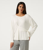 Ribbed Boat Neck Long Sleeve Tie Side Lounge Top — White — view 6