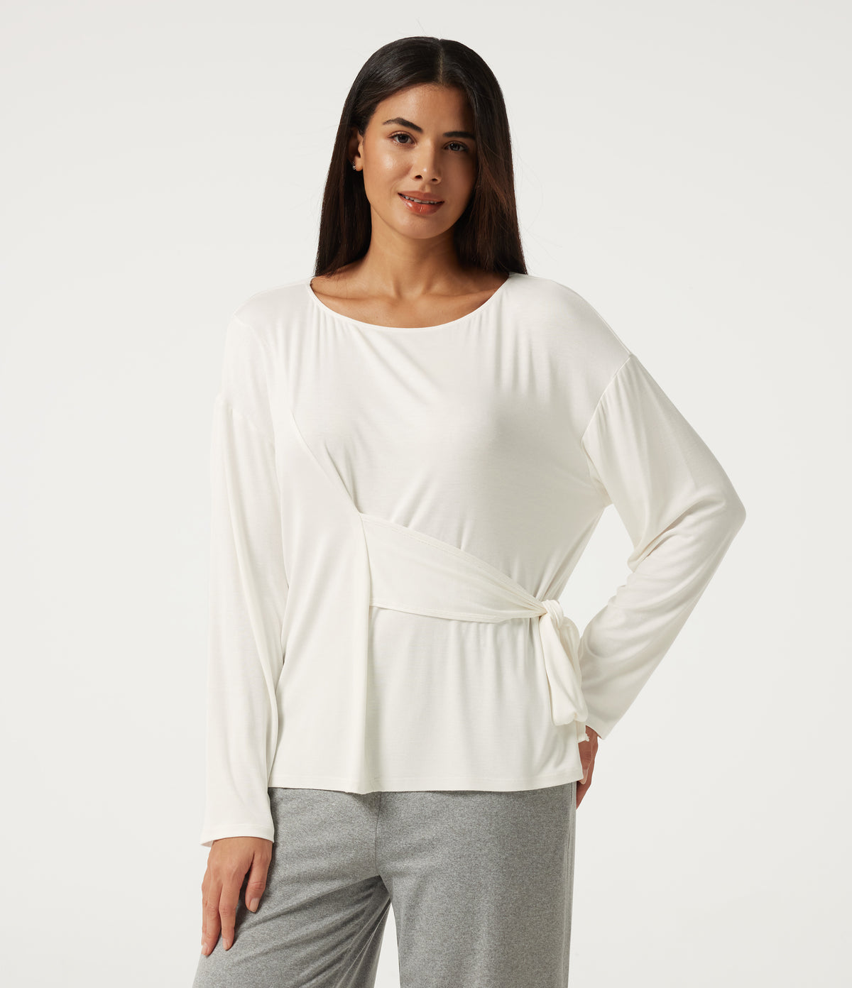 Ribbed Boat Neck Long Sleeve Tie Side Lounge Top — White — view 6