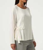 Ribbed Boat Neck Long Sleeve Tie Side Lounge Top — White — view 7