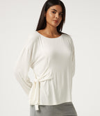 Ribbed Boat Neck Long Sleeve Tie Side Lounge Top — White — view 1