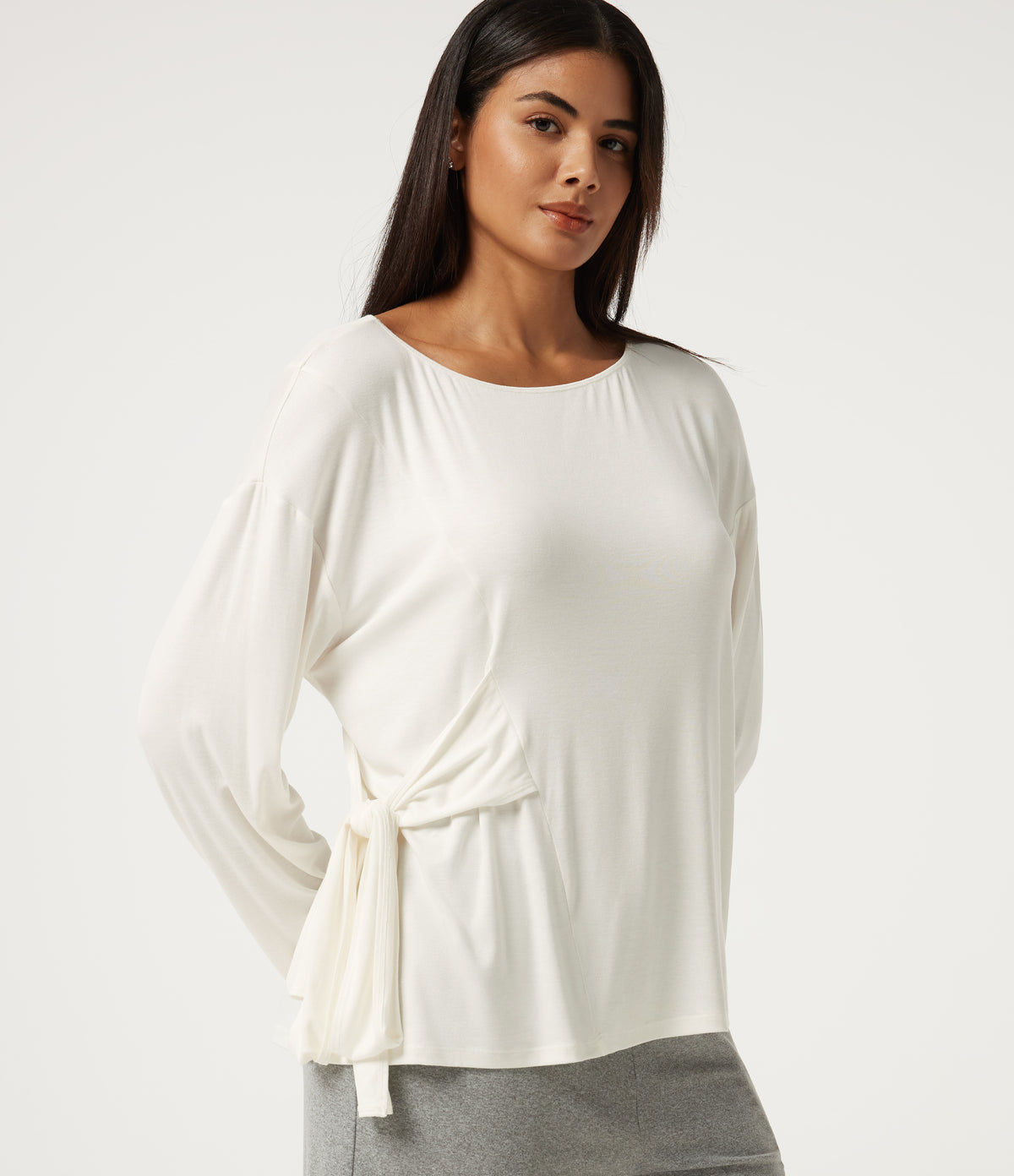 Ribbed Boat Neck Long Sleeve Tie Side Lounge Top — White — view 1