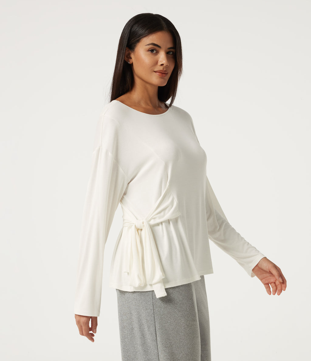 Ribbed Boat Neck Long Sleeve Tie Side Lounge Top — White — view 4