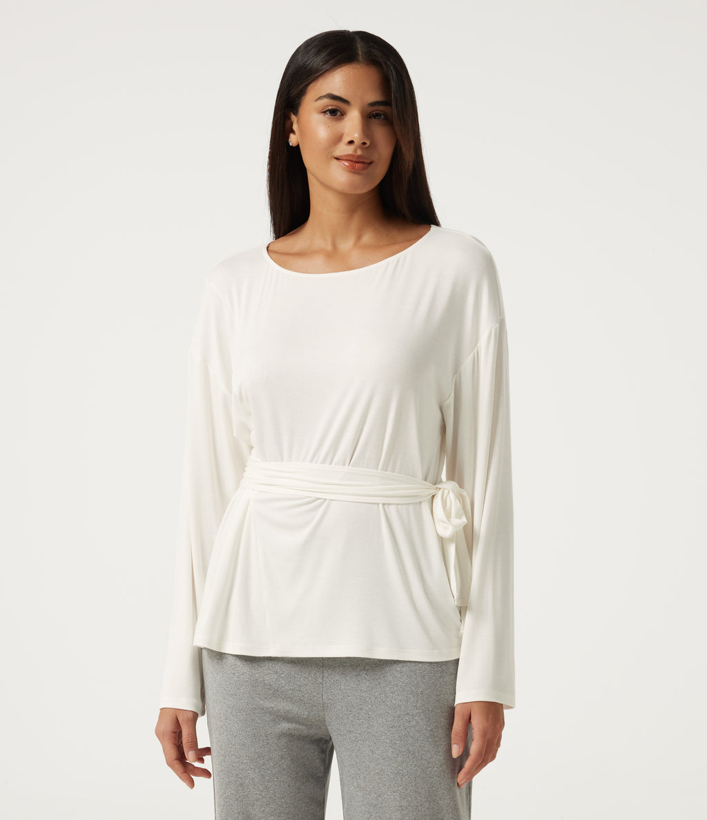 Ribbed Boat Neck Long Sleeve Tie Side Lounge Top — White — view 5