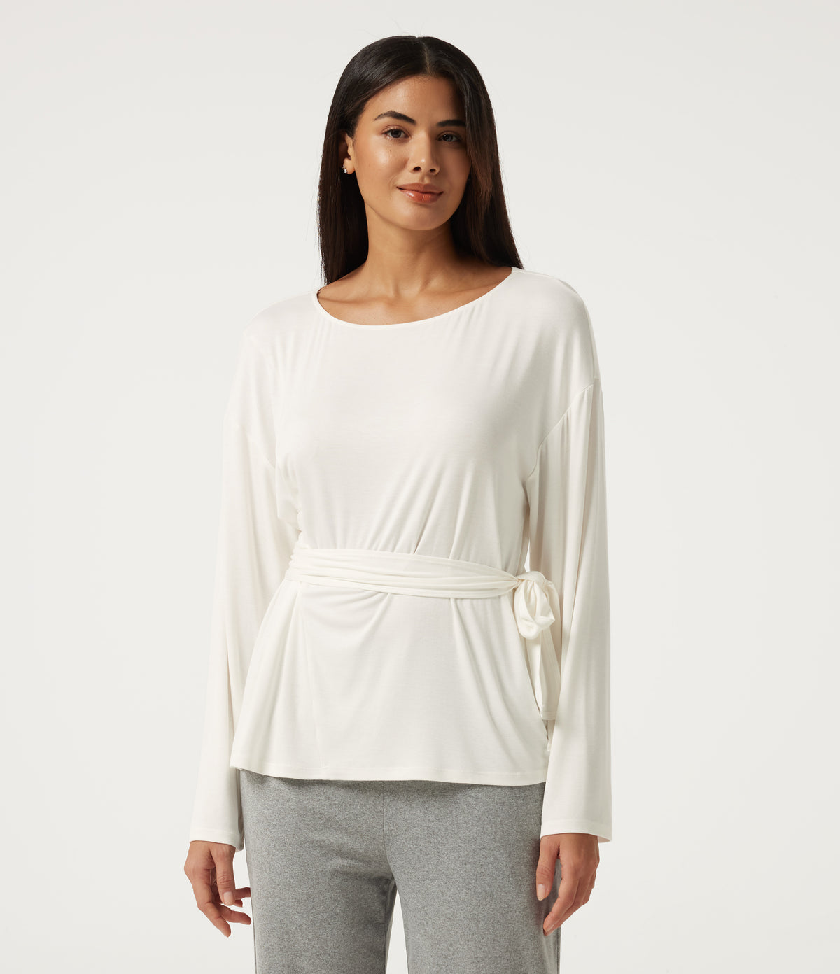 Ribbed Boat Neck Long Sleeve Tie Side Lounge Top — White — view 5