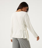 Ribbed Boat Neck Long Sleeve Tie Side Lounge Top — White — view 2
