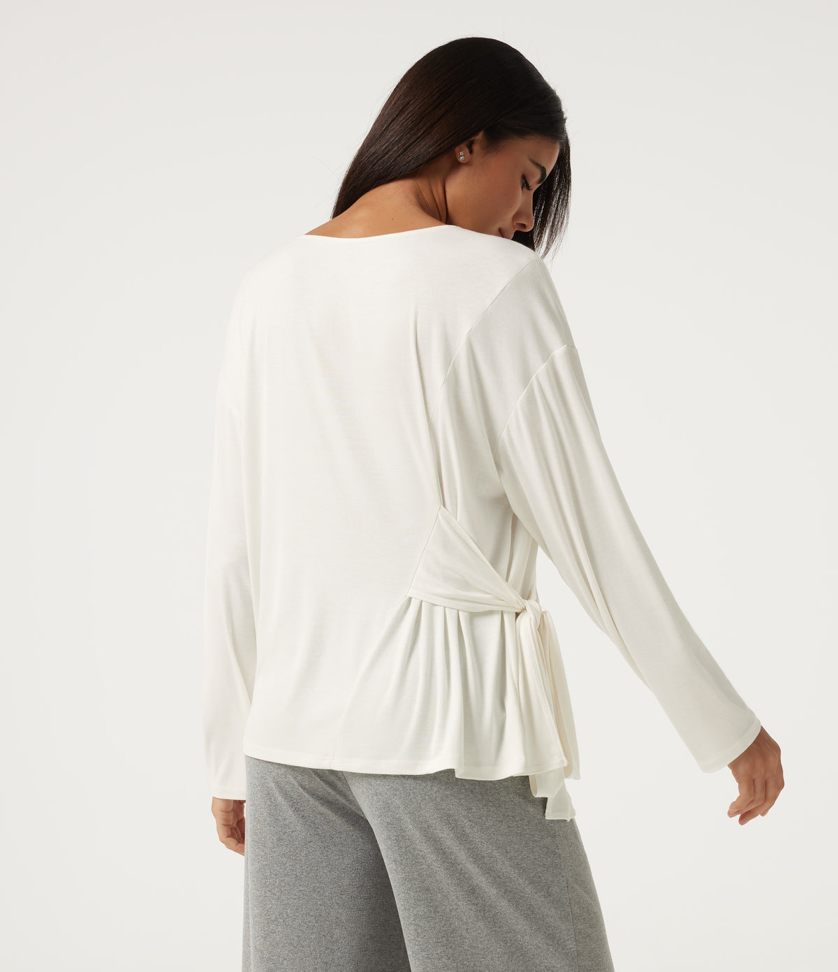 Ribbed Boat Neck Long Sleeve Tie Side Lounge Top — White — view 2