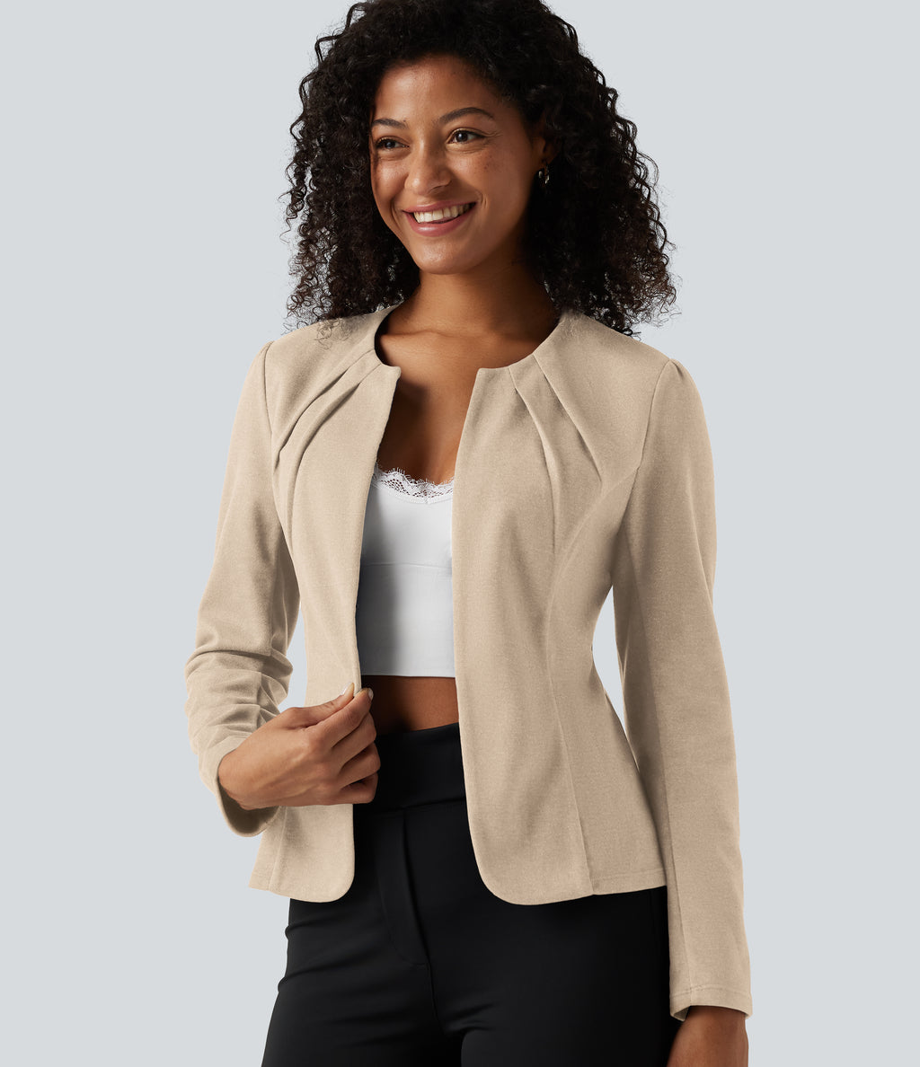 Round Neck Hook and Eye Work Blazer — Flaxen Beige — view 9