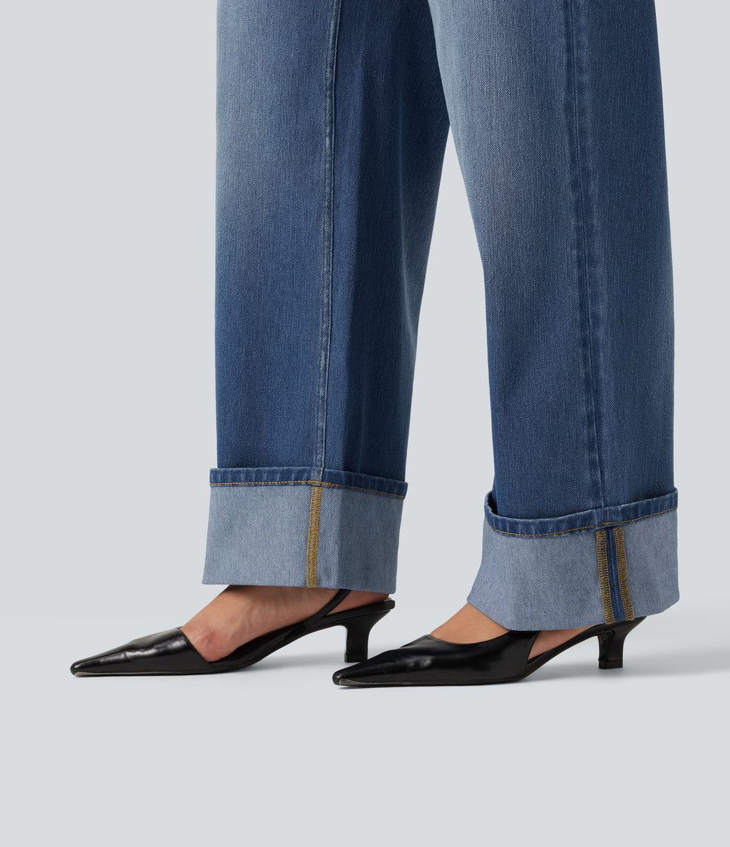 High Waisted Straight Leg Rolled Hem Casual Jeans with Pockets — Blue Jasper Denim — view 6
