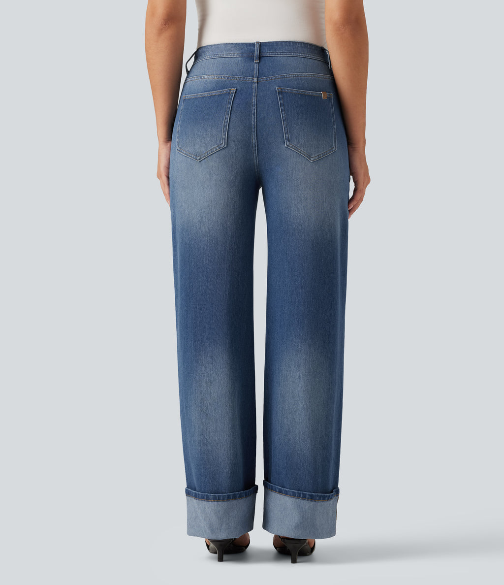 High Waisted Straight Leg Rolled Hem Casual Jeans with Pockets — Blue Jasper Denim — view 2