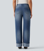 High Waisted Straight Leg Rolled Hem Casual Jeans with Pockets — Blue Jasper Denim — view 2