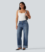 High Waisted Straight Leg Rolled Hem Casual Jeans with Pockets — Blue Jasper Denim — view 8