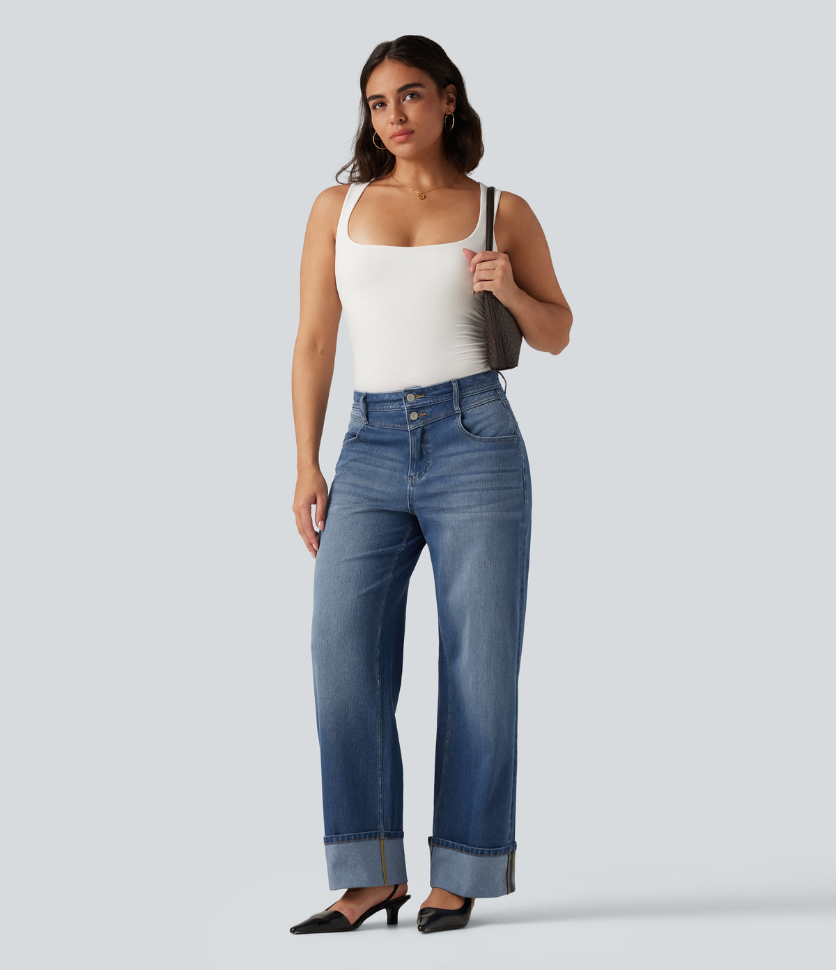High Waisted Straight Leg Rolled Hem Casual Jeans with Pockets — Blue Jasper Denim — view 8