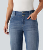 High Waisted Straight Leg Rolled Hem Casual Jeans with Pockets — Blue Jasper Denim — view 4