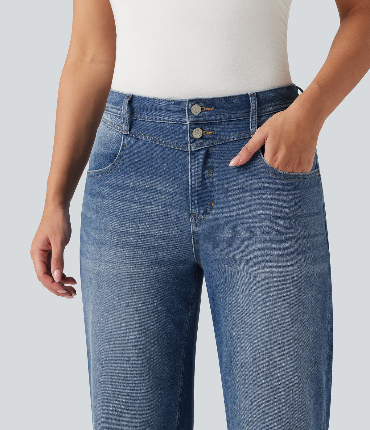 High Waisted Straight Leg Rolled Hem Casual Jeans with Pockets — Blue Jasper Denim — view 4