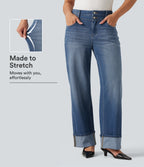 High Waisted Straight Leg Rolled Hem Casual Jeans with Pockets — Blue Jasper Denim — view 1