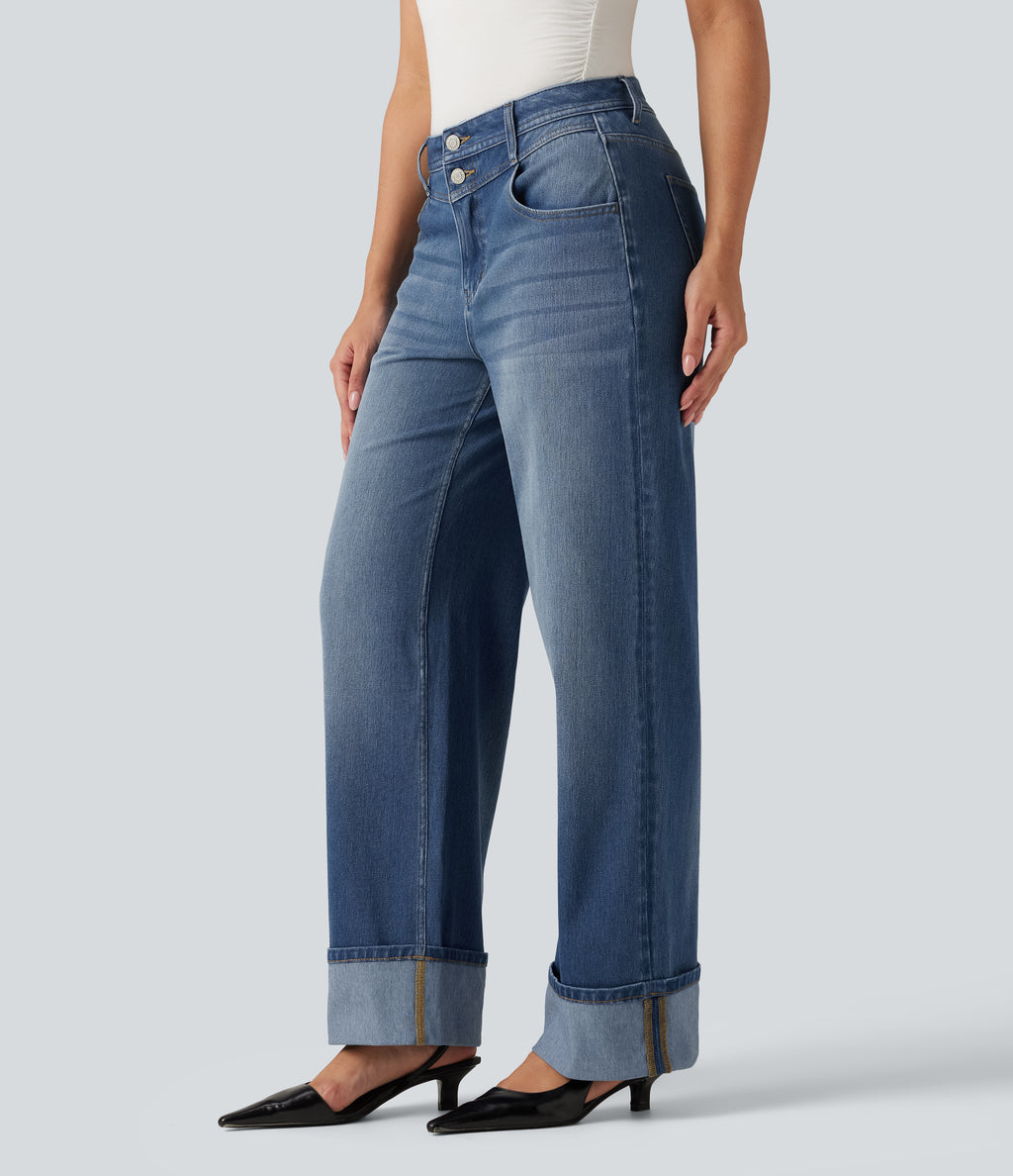 High Waisted Straight Leg Rolled Hem Casual Jeans with Pockets — Blue Jasper Denim — view 3