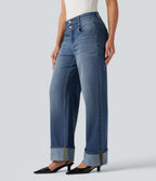 High Waisted Straight Leg Rolled Hem Casual Jeans with Pockets — Blue Jasper Denim — view 3