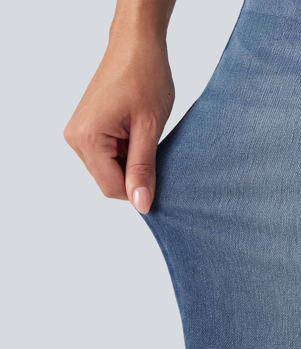 High Waisted Straight Leg Rolled Hem Casual Jeans with Pockets — Blue Jasper Denim — view 7