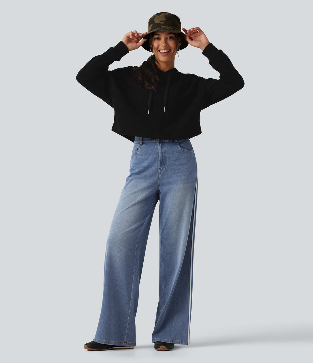 High Waisted Wide Leg Side Stripe Casual Jeans with Pockets — Blue Jasper Denim — view 8