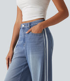 High Waisted Wide Leg Side Stripe Casual Jeans with Pockets — Blue Jasper Denim — view 4