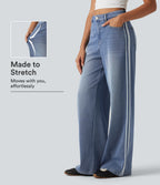 High Waisted Wide Leg Side Stripe Casual Jeans with Pockets — Blue Jasper Denim — view 1