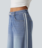 High Waisted Wide Leg Side Stripe Casual Jeans with Pockets — Blue Jasper Denim — view 6