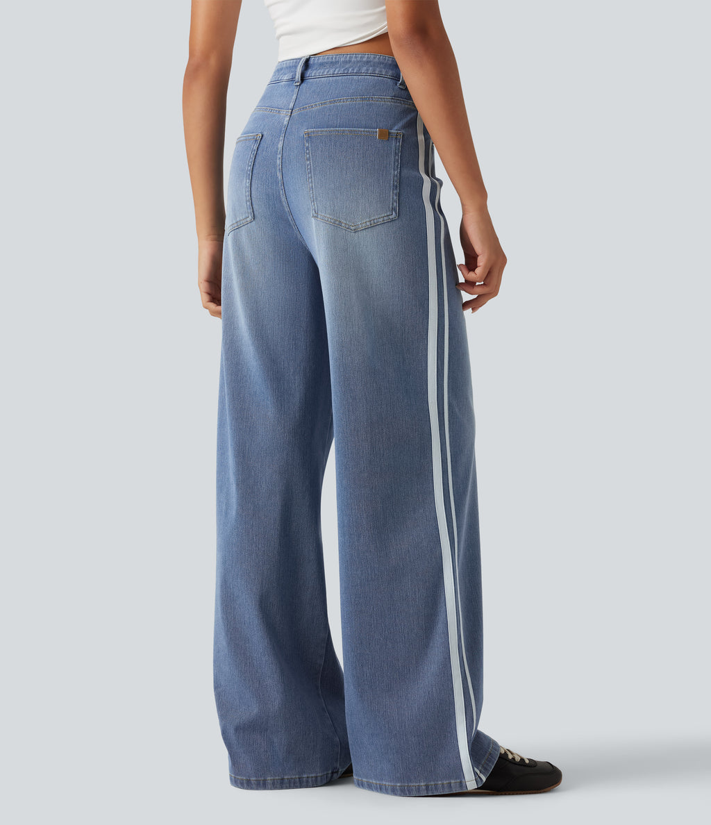 High Waisted Wide Leg Side Stripe Casual Jeans with Pockets — Blue Jasper Denim — view 2