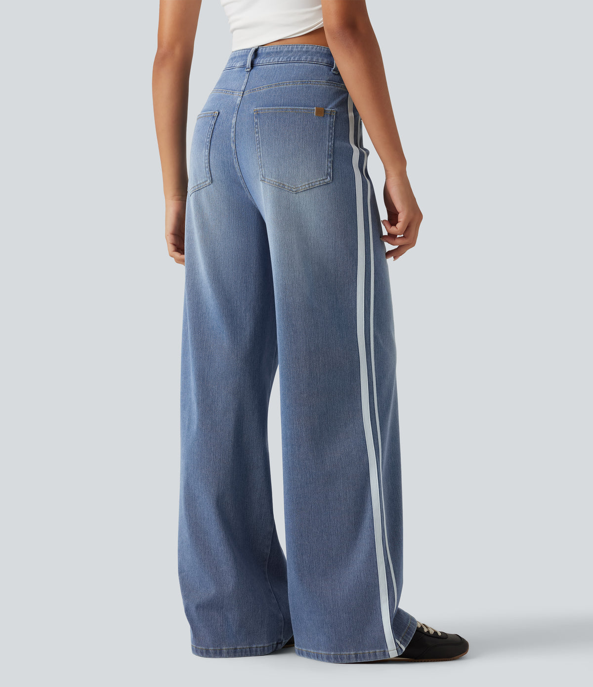 High Waisted Wide Leg Side Stripe Casual Jeans with Pockets — Blue Jasper Denim — view 2