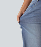 High Waisted Wide Leg Side Stripe Casual Jeans with Pockets — Blue Jasper Denim — view 7