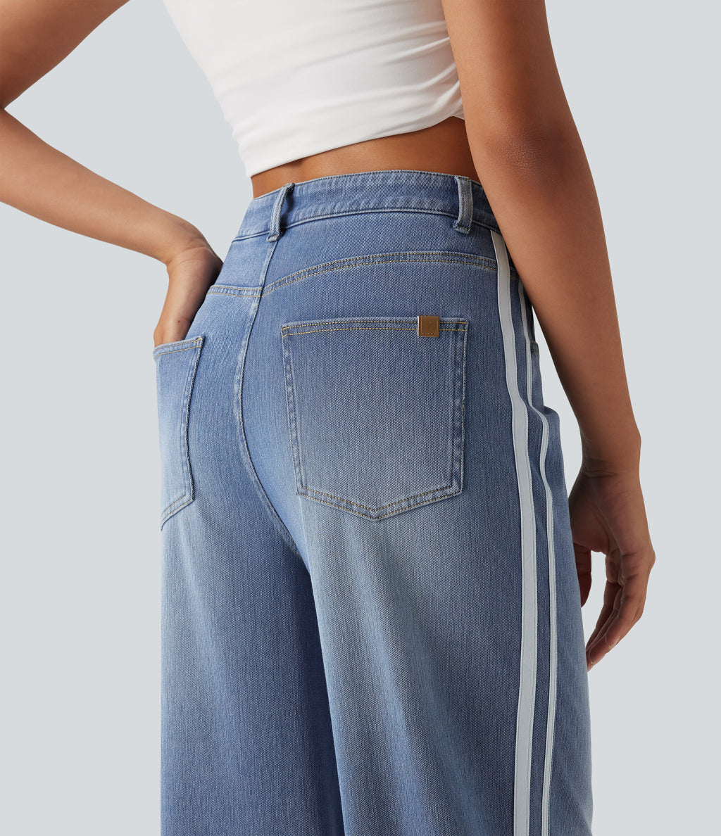 High Waisted Wide Leg Side Stripe Casual Jeans with Pockets — Blue Jasper Denim — view 5