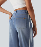 High Waisted Wide Leg Side Stripe Casual Jeans with Pockets — Blue Jasper Denim — view 5