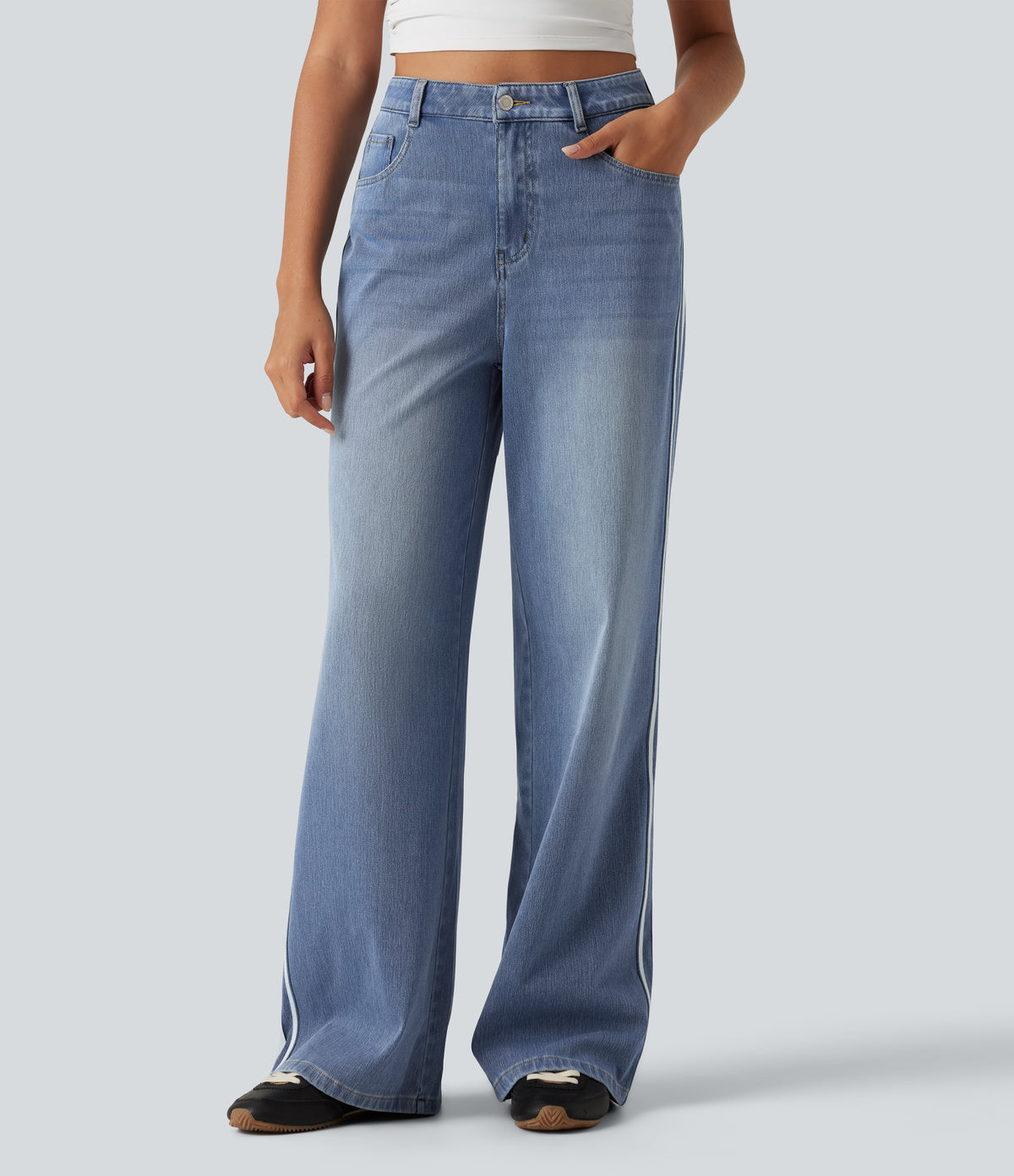 High Waisted Wide Leg Side Stripe Casual Jeans with Pockets — Blue Jasper Denim — view 3