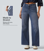 High Waisted V Shaped Wide Leg Casual Jeans with Pockets — Tide Blue Denim — view 1