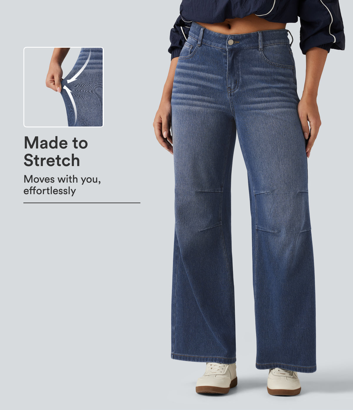 High Waisted V Shaped Wide Leg Casual Jeans with Pockets — Tide Blue Denim — view 1