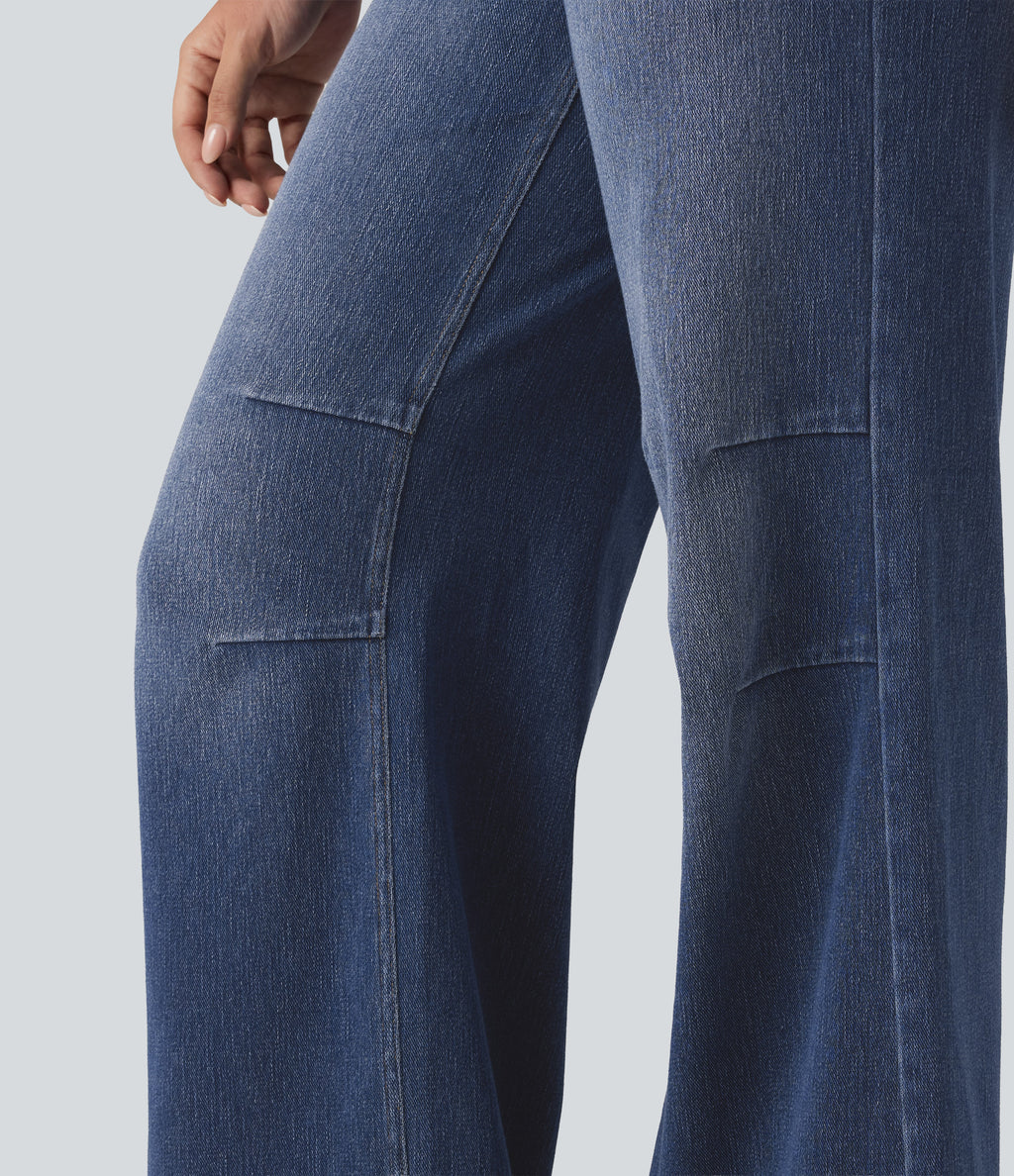 High Waisted V Shaped Wide Leg Casual Jeans with Pockets — Tide Blue Denim — view 6