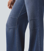 High Waisted V Shaped Wide Leg Casual Jeans with Pockets — Tide Blue Denim — view 6