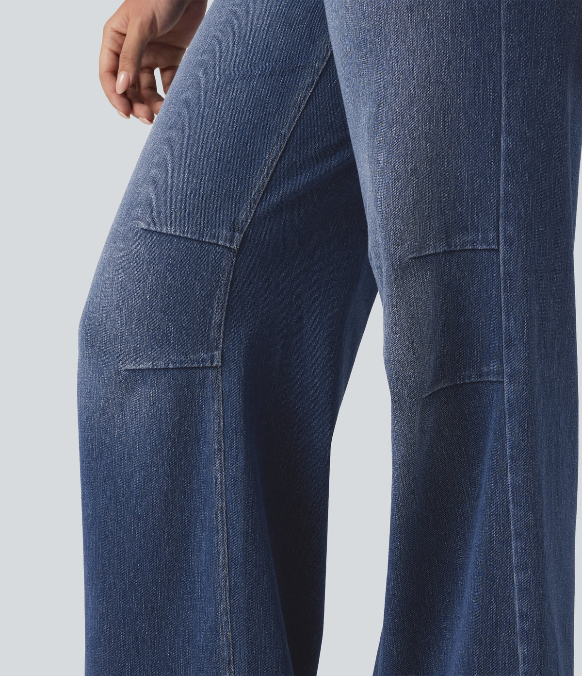 High Waisted V Shaped Wide Leg Casual Jeans with Pockets — Tide Blue Denim — view 6