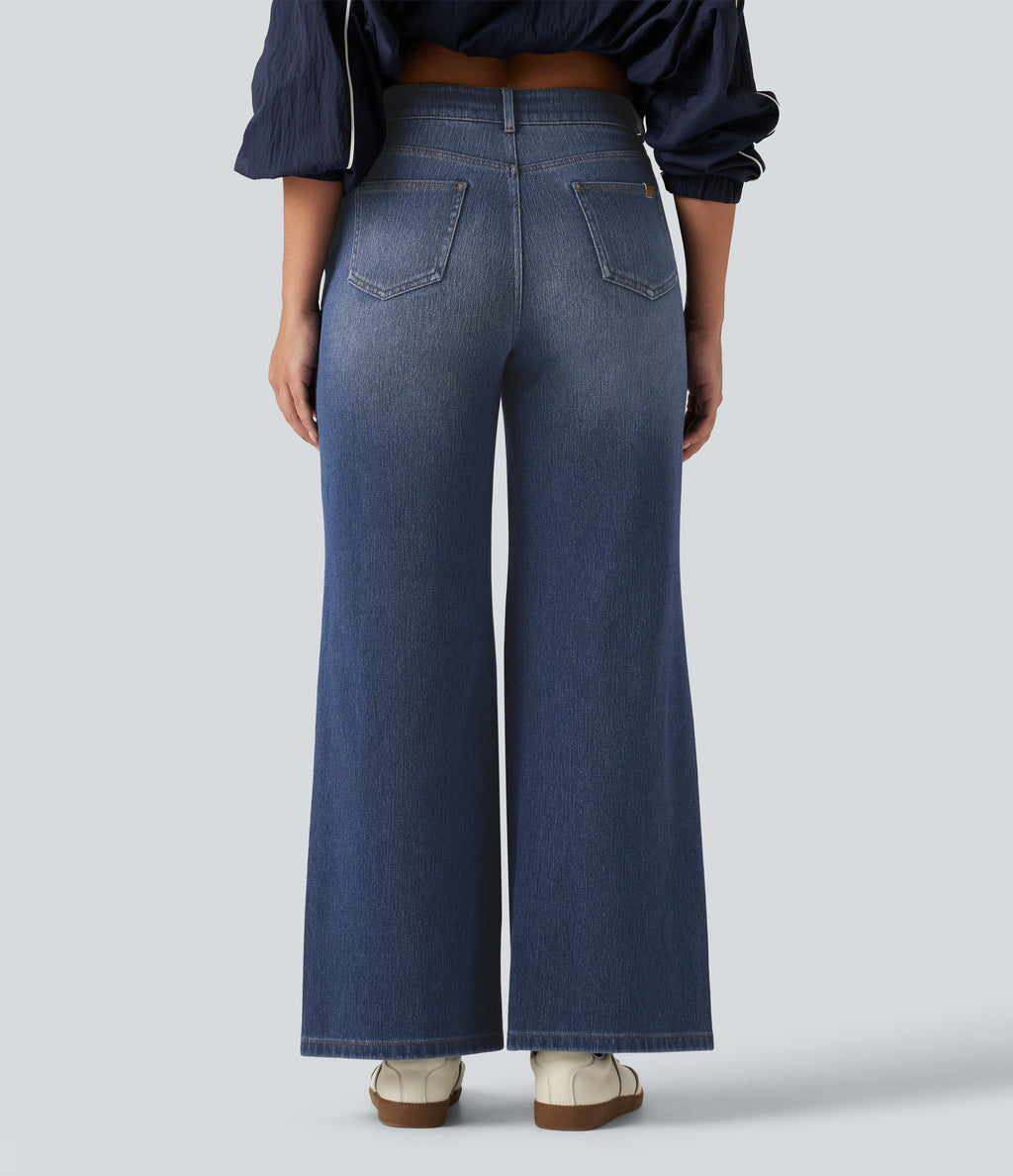 High Waisted V Shaped Wide Leg Casual Jeans with Pockets — Tide Blue Denim — view 2