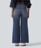 High Waisted V Shaped Wide Leg Casual Jeans with Pockets — Tide Blue Denim — view 2