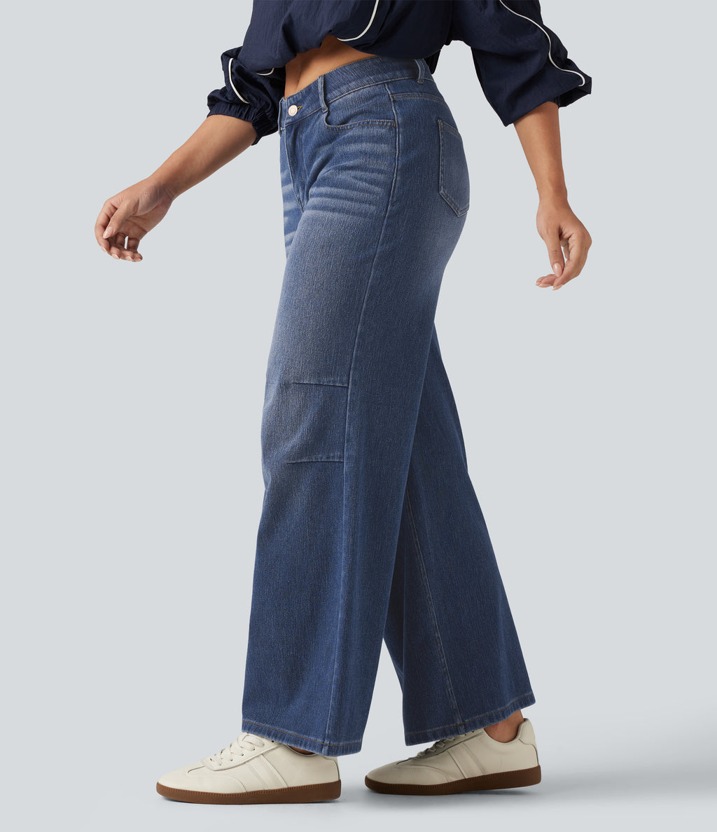 High Waisted V Shaped Wide Leg Casual Jeans with Pockets — Tide Blue Denim — view 3