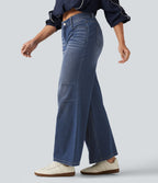 High Waisted V Shaped Wide Leg Casual Jeans with Pockets — Tide Blue Denim — view 3