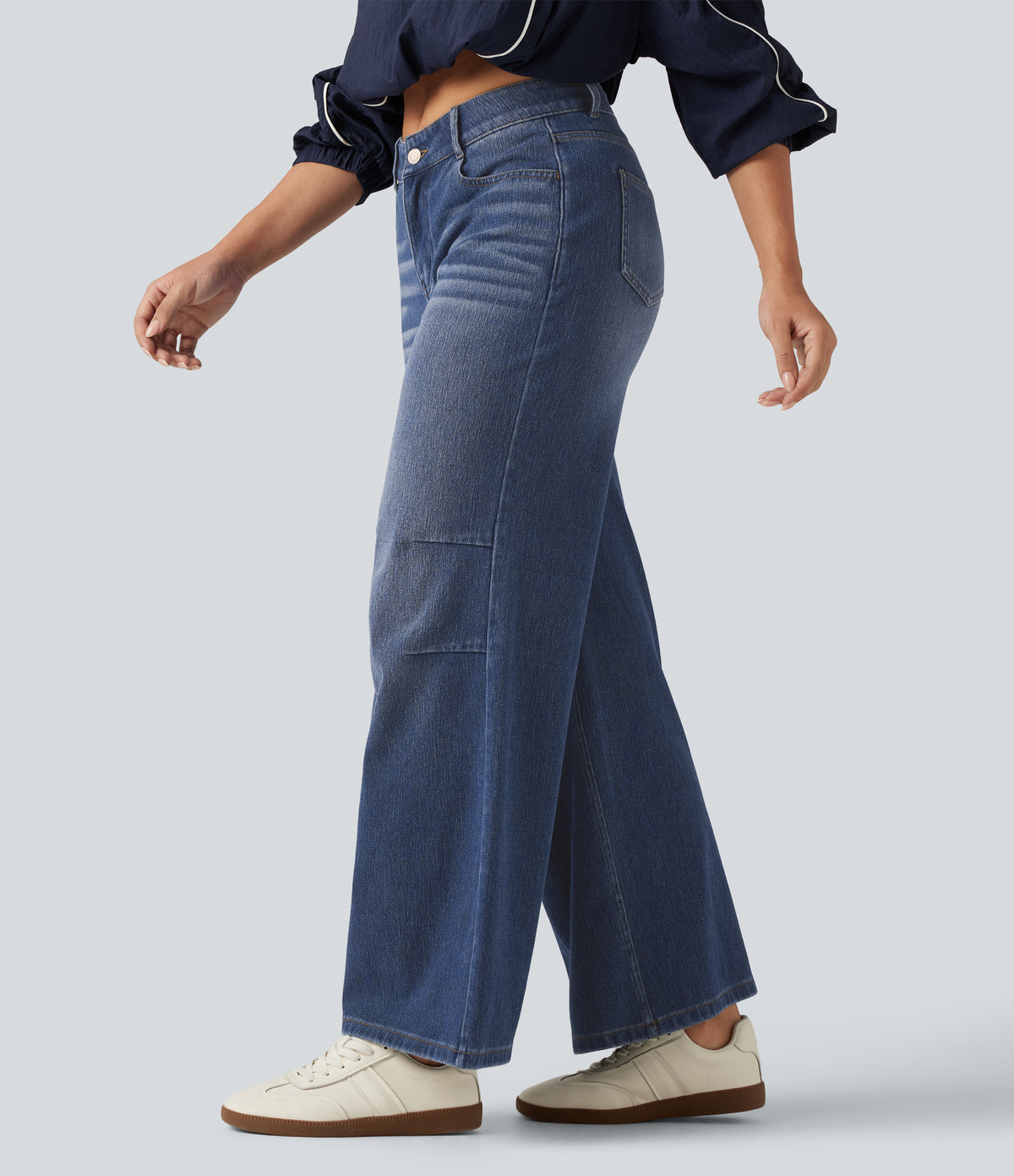 High Waisted V Shaped Wide Leg Casual Jeans with Pockets — Tide Blue Denim — view 3