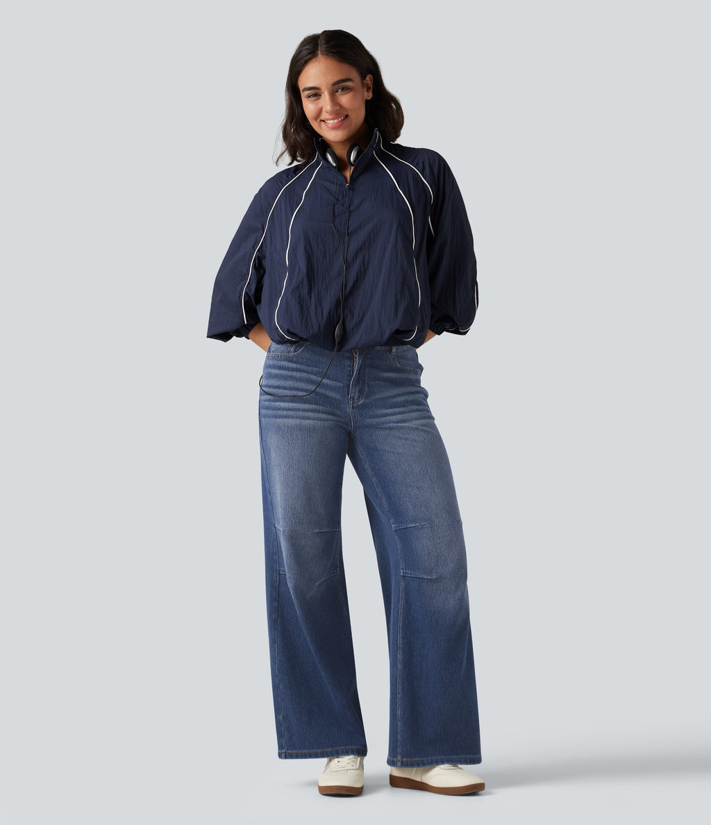 High Waisted V Shaped Wide Leg Casual Jeans with Pockets — Tide Blue Denim — view 8